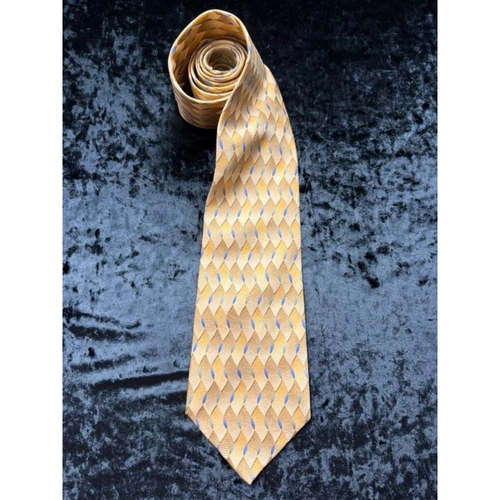 Van Heusen Tie 100% Silk Gold Tan Blue Geometric Mens Necktie Made Korea